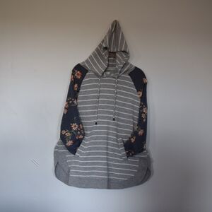 Maurices Gray Striped Hoodie with Floral Sleeves Size Large